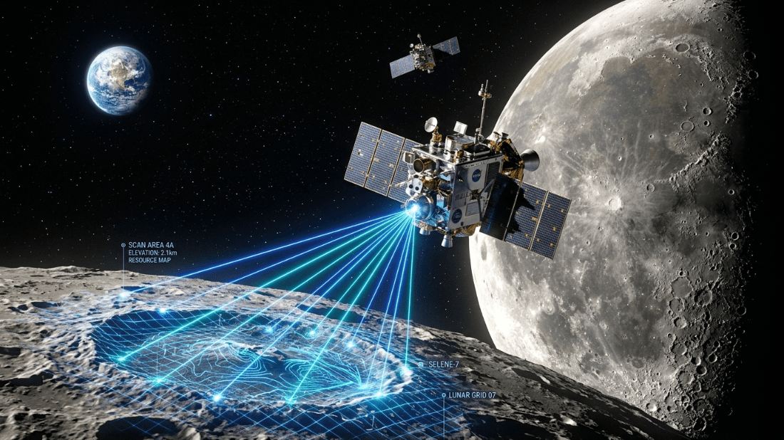 Satelit NASA memindai permukaan bulan dengan Bumi dan Bulan di latar belakang, menunjukkan kisi peta sumber daya.
