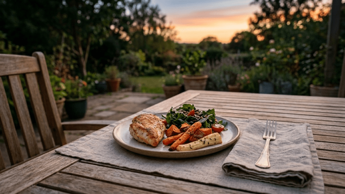 Dada ayam panggang dengan sayuran panggang dan salad di piring di meja kayu luar ruangan saat matahari terbenam.