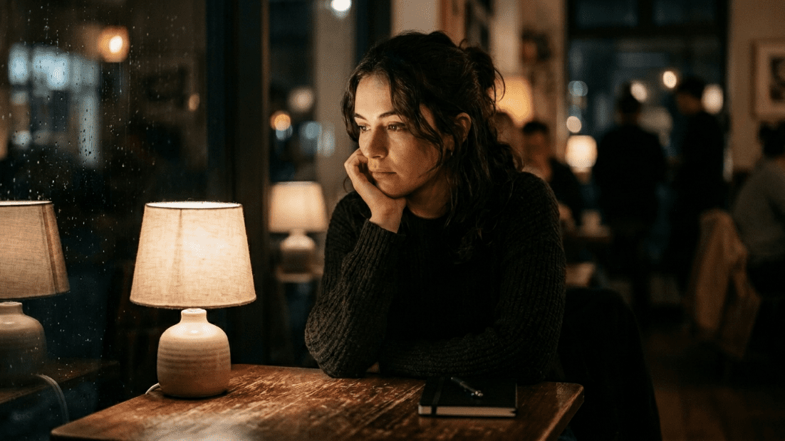 Wanita dengan sweter gelap duduk di meja kayu dengan lampu, memandang ke luar jendela hujan di kafe yang redup.
