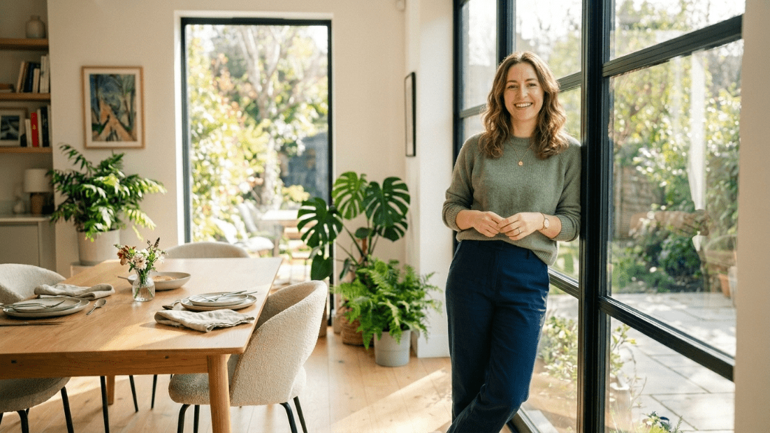 Wanita tersenyum dengan sweter hijau dan celana biru tua berdiri di dekat jendela besar di ruang makan terang dengan meja kayu dan tanaman.