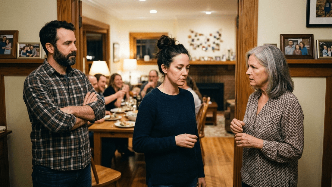 Tiga orang dewasa sedang mengobrol serius di ruang makan dengan sekelompok orang makan di latar belakang.
