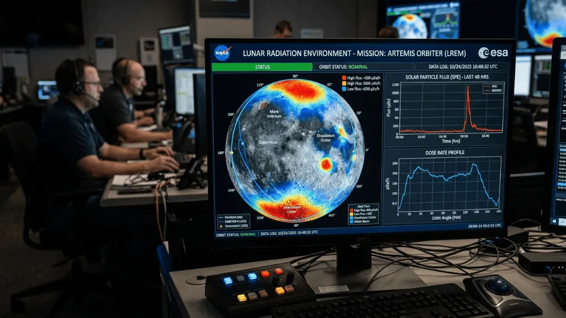 Tim pengendali misi NASA memantau data Lingkungan Radiasi Bulan untuk Artemis Orbiter di layar komputer