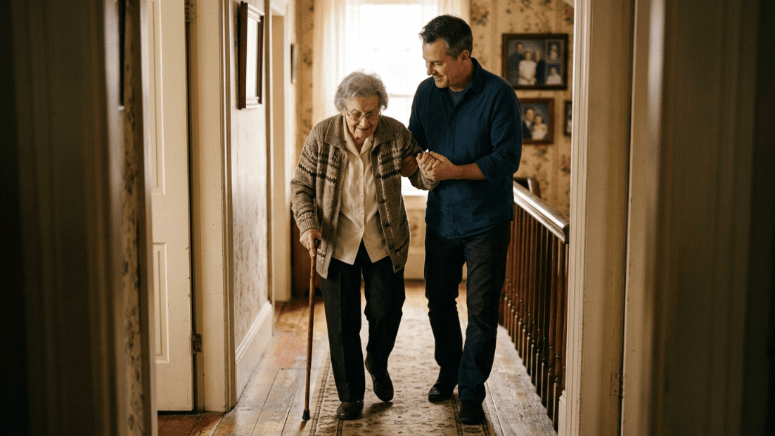Pria mendukung wanita lanjut usia dengan tongkat saat mereka berjalan menyusuri lorong di sebuah rumah
