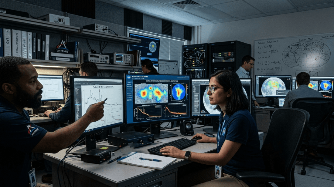 Para ilmuwan di kemeja Artemis NASA menganalisis data bulan di layar komputer di laboratorium penelitian.