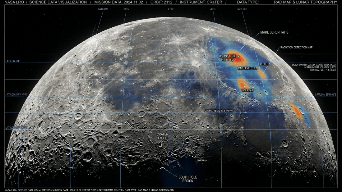 Topografi bulan dan peta radiasi dari LRO NASA menunjukkan Mare Serenitatis, kawah Tycho, dan tingkat fluks kosmik.