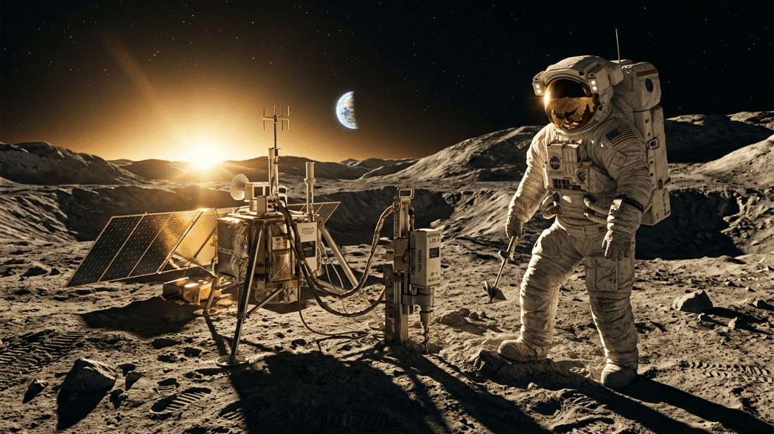 Astronot berjas NASA mengoperasikan peralatan bulan di bulan dengan latar belakang Bumi dan matahari terbit