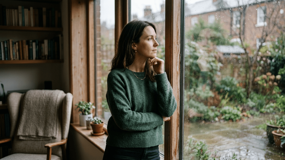 Wanita dengan sweter hijau memandang ke luar jendela yang berbintik-bintik hujan di taman di luar ruangan yang nyaman dengan rak buku.