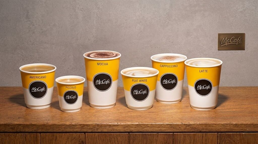 Enam cangkir kopi McCafé berlabel Americano, Piccolo, Mocha, Flat White, Cappuccino, dan Latte di permukaan kayu.