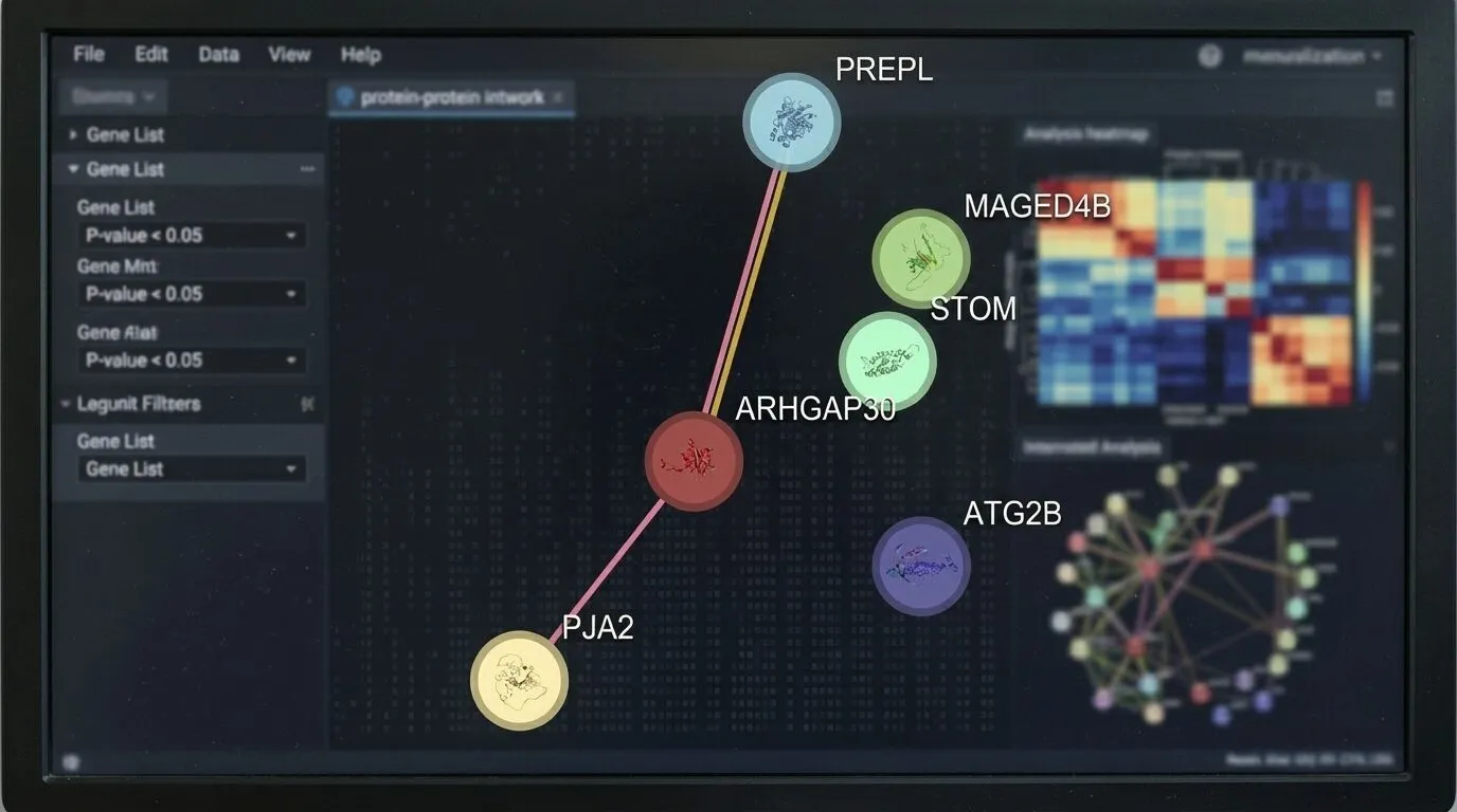 Jaringan interaksi protein-protein menunjukkan gen PREPL, MAGED4B, STOM, ARHGAP30, PJA2, dan ATG2B dengan filter nilai p diterapkan.