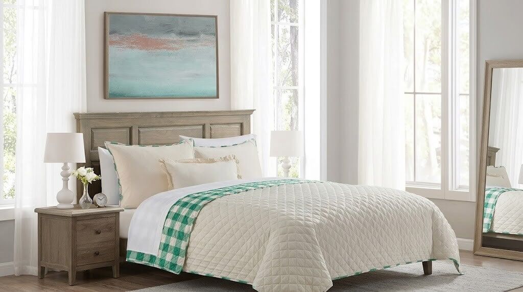Kamar tidur dengan rangka tempat tidur kayu, tempat tidur berlapis krem, selimut kotak-kotak hijau, meja samping tempat tidur dengan lampu dan bunga, serta cermin besar.