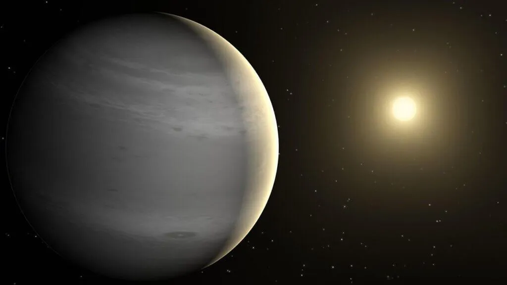 Planet ekstrasurya mengorbit bintang jauh dengan matahari bersinar dan bintang-bintang tersebar di latar belakang ruang angkasa