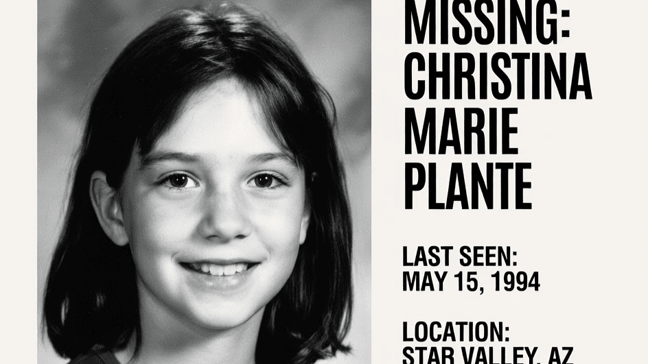 Foto hitam putih gadis hilang Christina Marie Plante, terakhir terlihat pada 15 Mei 1994, di Star Valley, AZ.