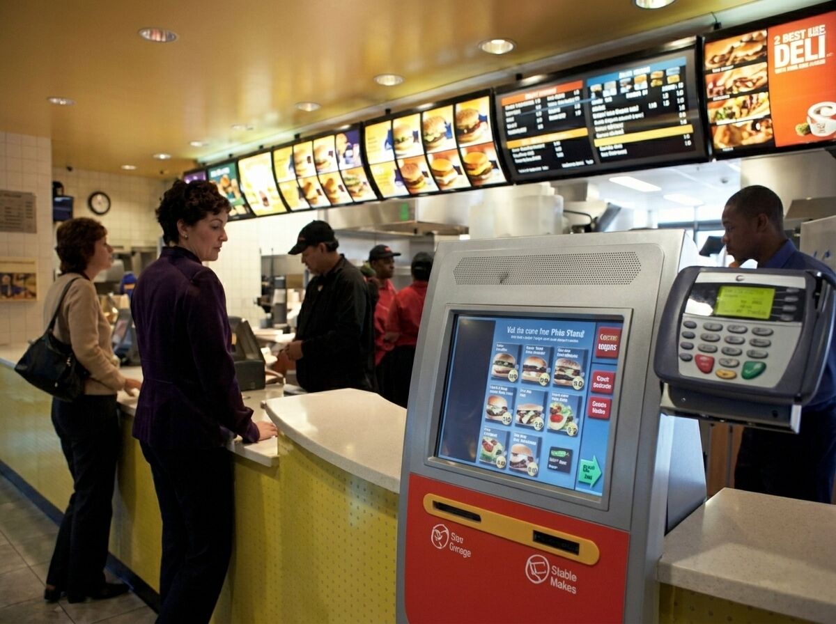 Pelanggan memesan di konter makanan cepat saji dengan papan menu digital dan kios swalayan di latar depan.