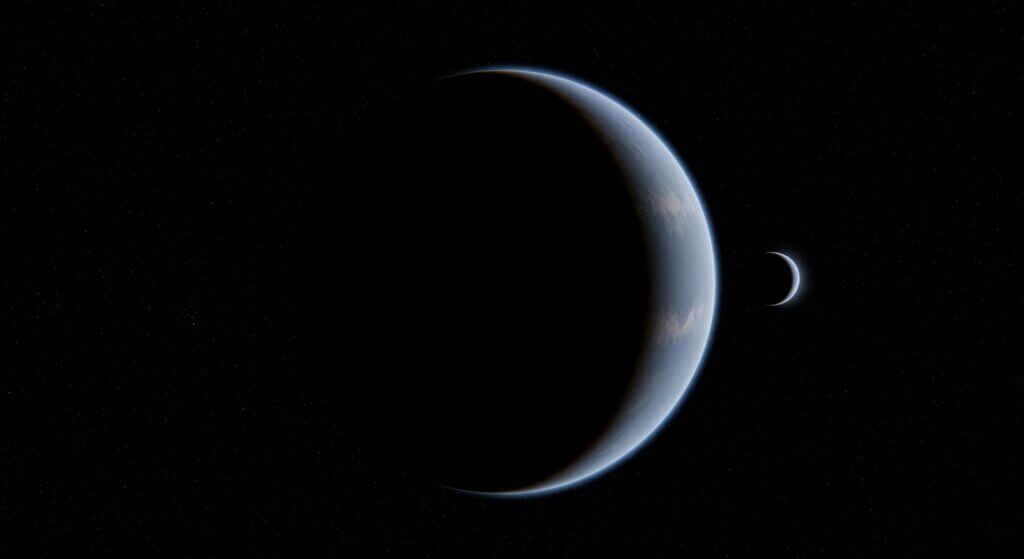 Dua planet sabit dengan atmosfer terlihat dengan latar belakang luar angkasa berbintang