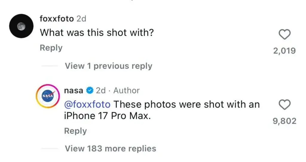 Balasan NASA kepada pengguna foxxfoto yang mengonfirmasi bahwa foto diambil dengan iPhone 17 Pro Max.