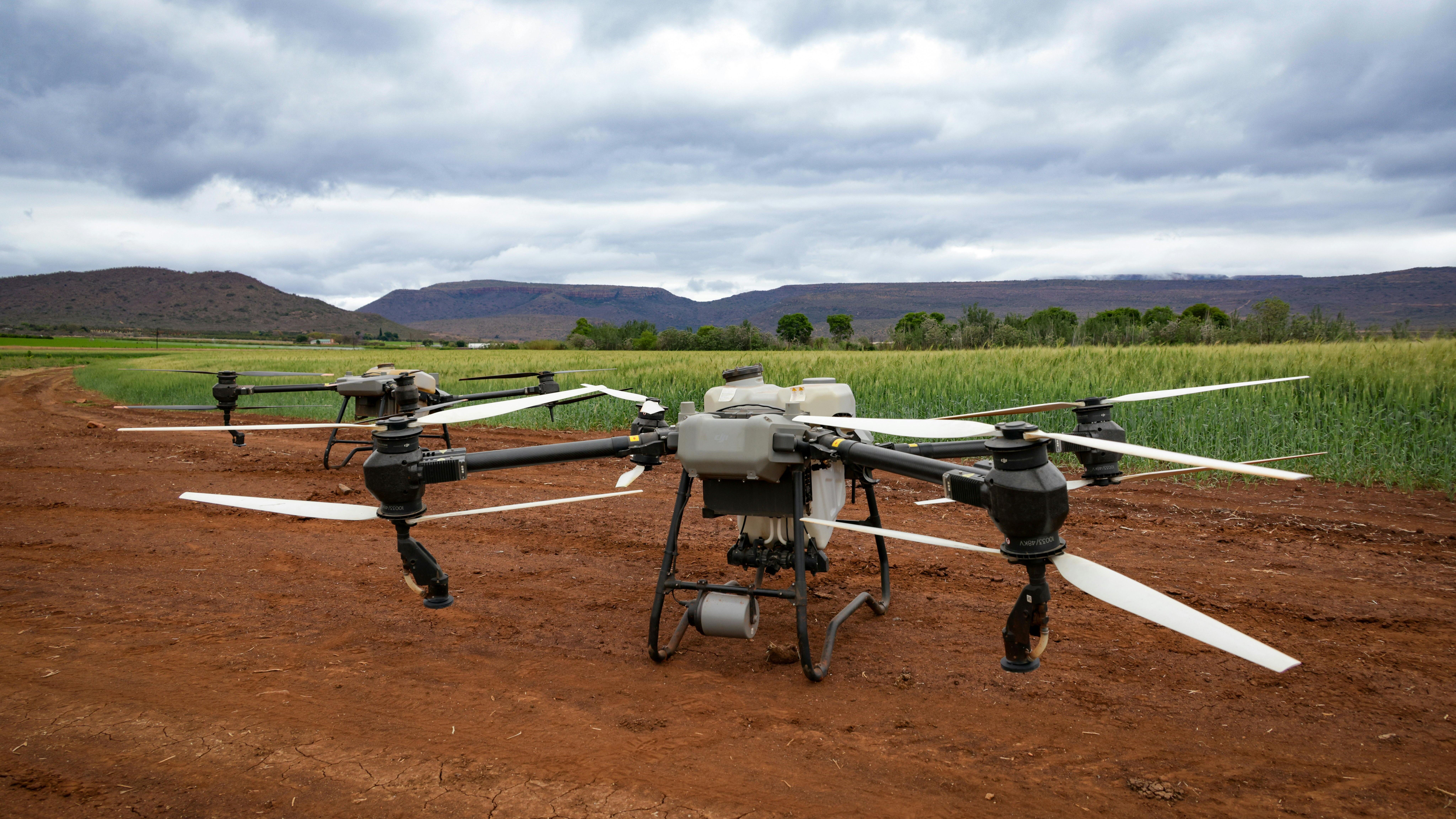 Dua drone pertanian besar di jalan tanah di samping ladang hijau di bawah langit mendung