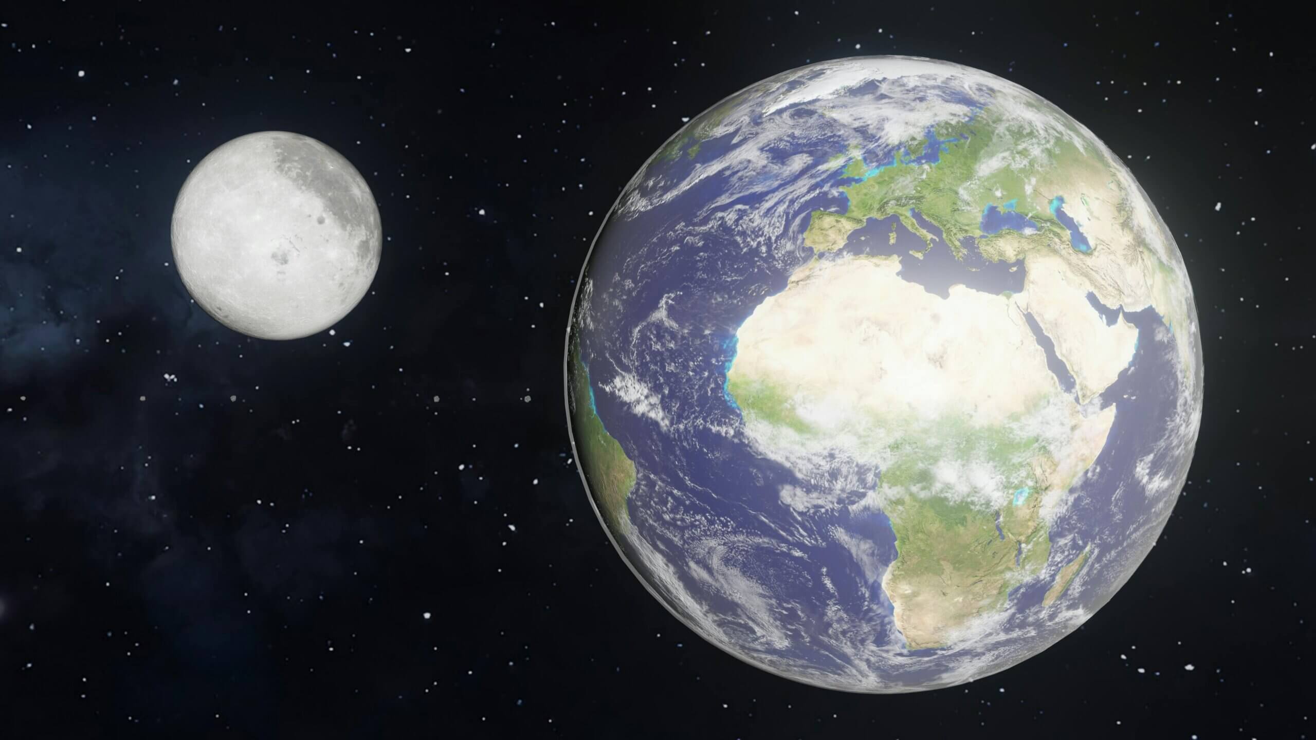 Bumi dan Bulan di luar angkasa dengan benua yang terlihat dan latar belakang berbintang