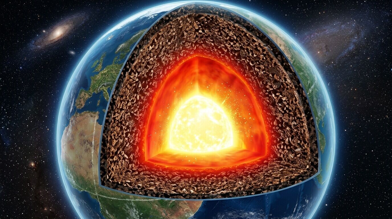 Penampang bumi menunjukkan inti luarnya yang cair dan inti dalam padat dengan latar belakang luar angkasa.