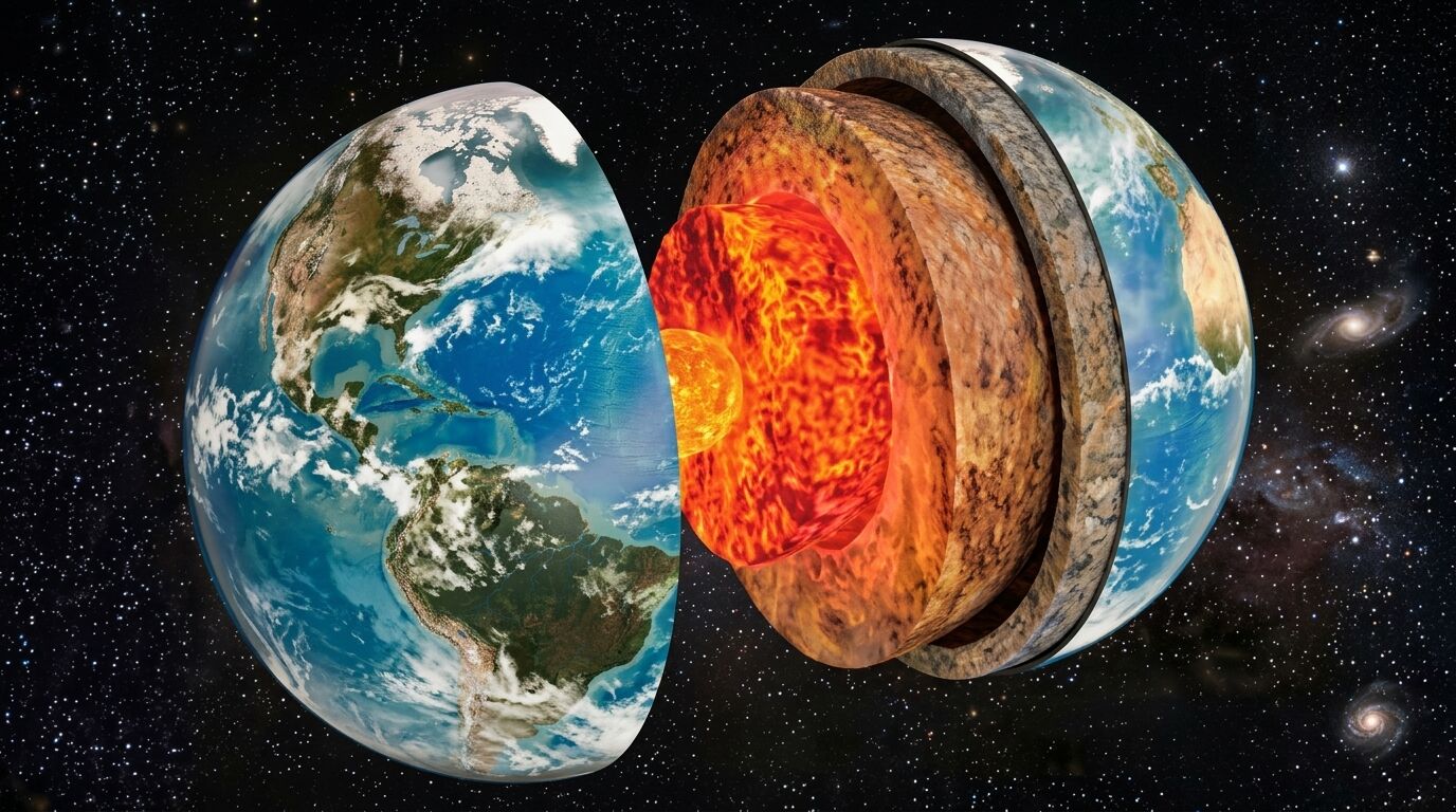 Ilustrasi penampang Bumi menunjukkan lapisan inti dalam, inti luar, mantel, dan kerak bumi dengan latar belakang berbintang.