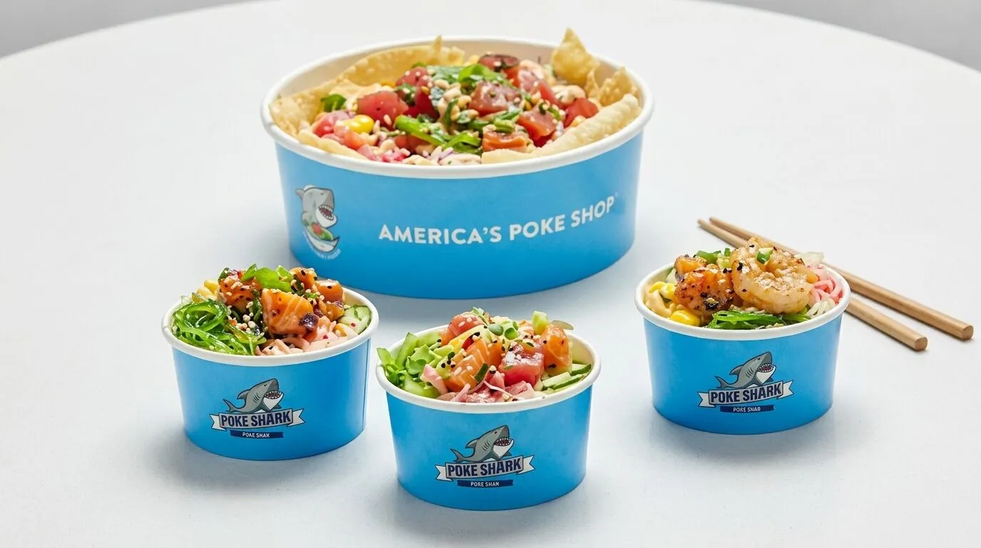 Empat mangkuk Poke Shark biru dengan poke, rumput laut, dan sayuran di permukaan putih dengan sumpit.