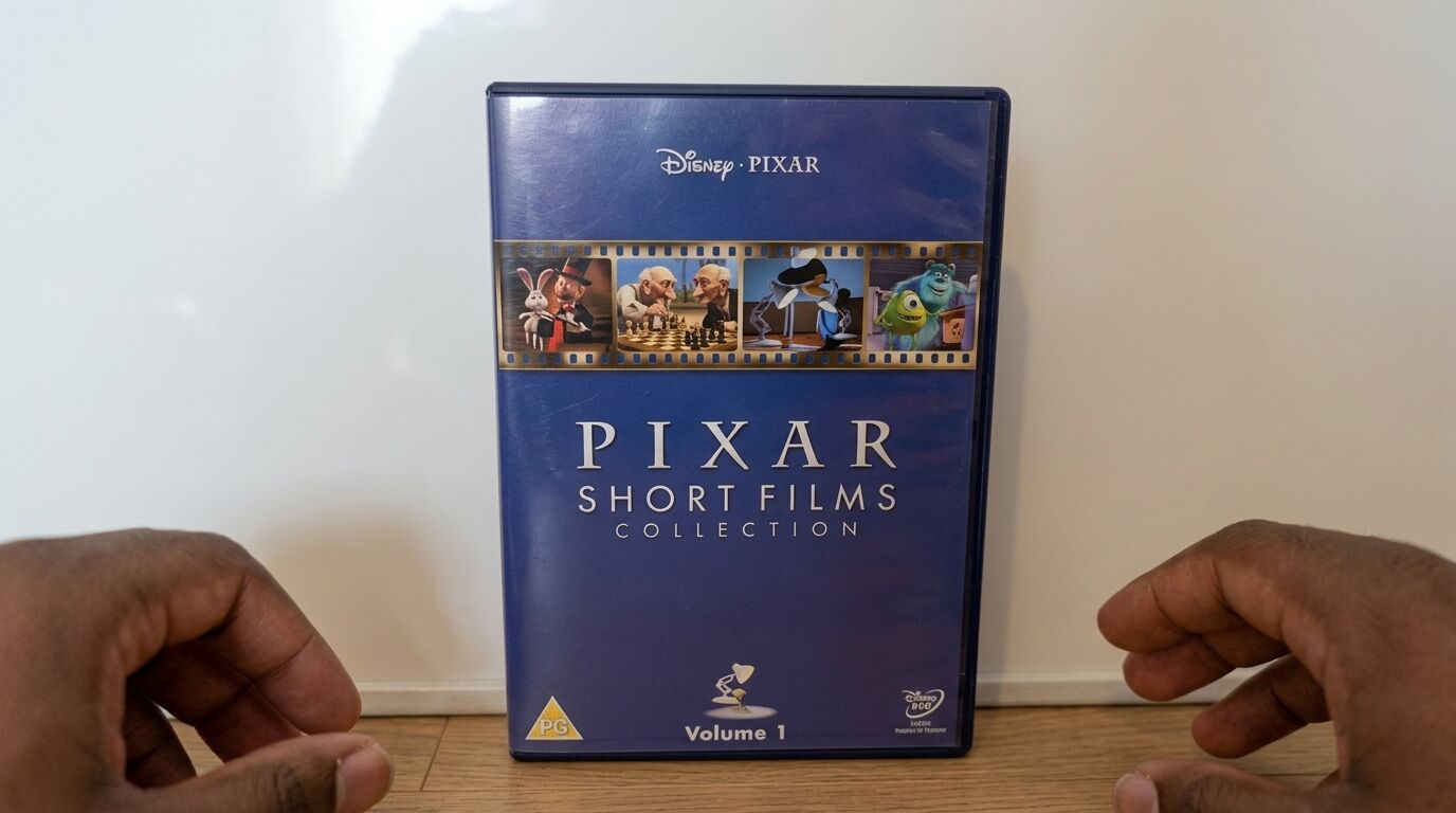 Koleksi Film Pendek Disney Pixar Volume 1 Kotak DVD dipegang di antara dua tangan pada permukaan kayu