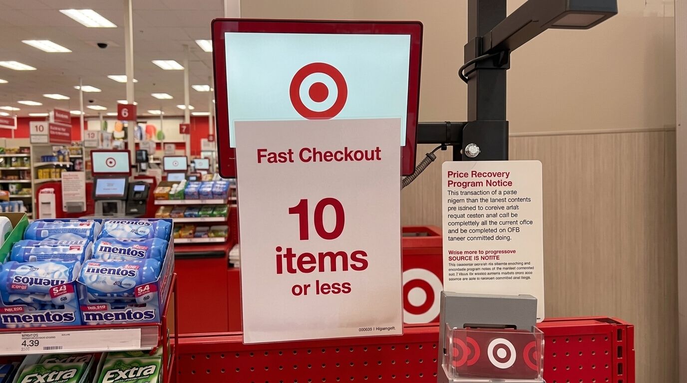 Targetkan tanda jalur checkout cepat untuk 10 item atau kurang dengan Mentos dan permen karet ekstra di kasir