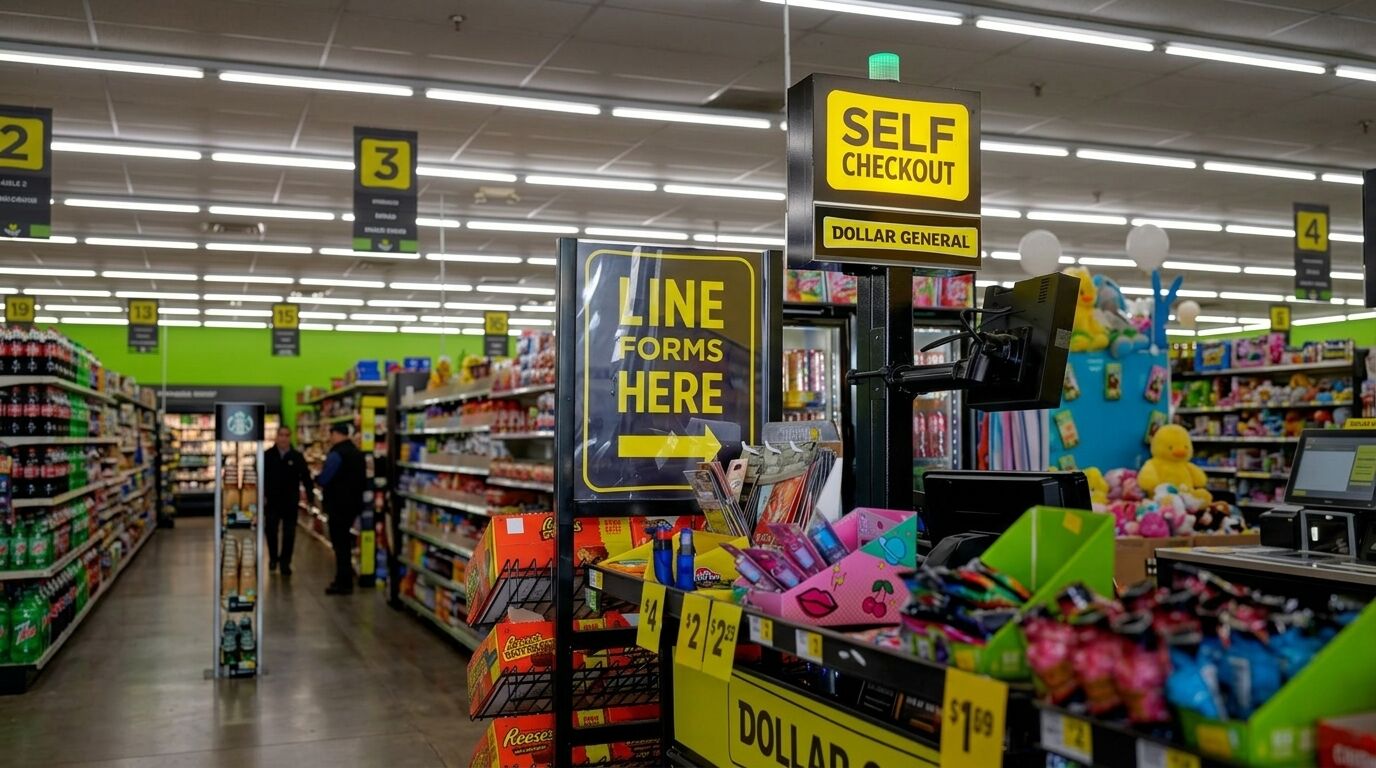 Area pembayaran mandiri Dollar General dengan makanan ringan dan tanda yang menunjukkan di mana antrean terbentuk