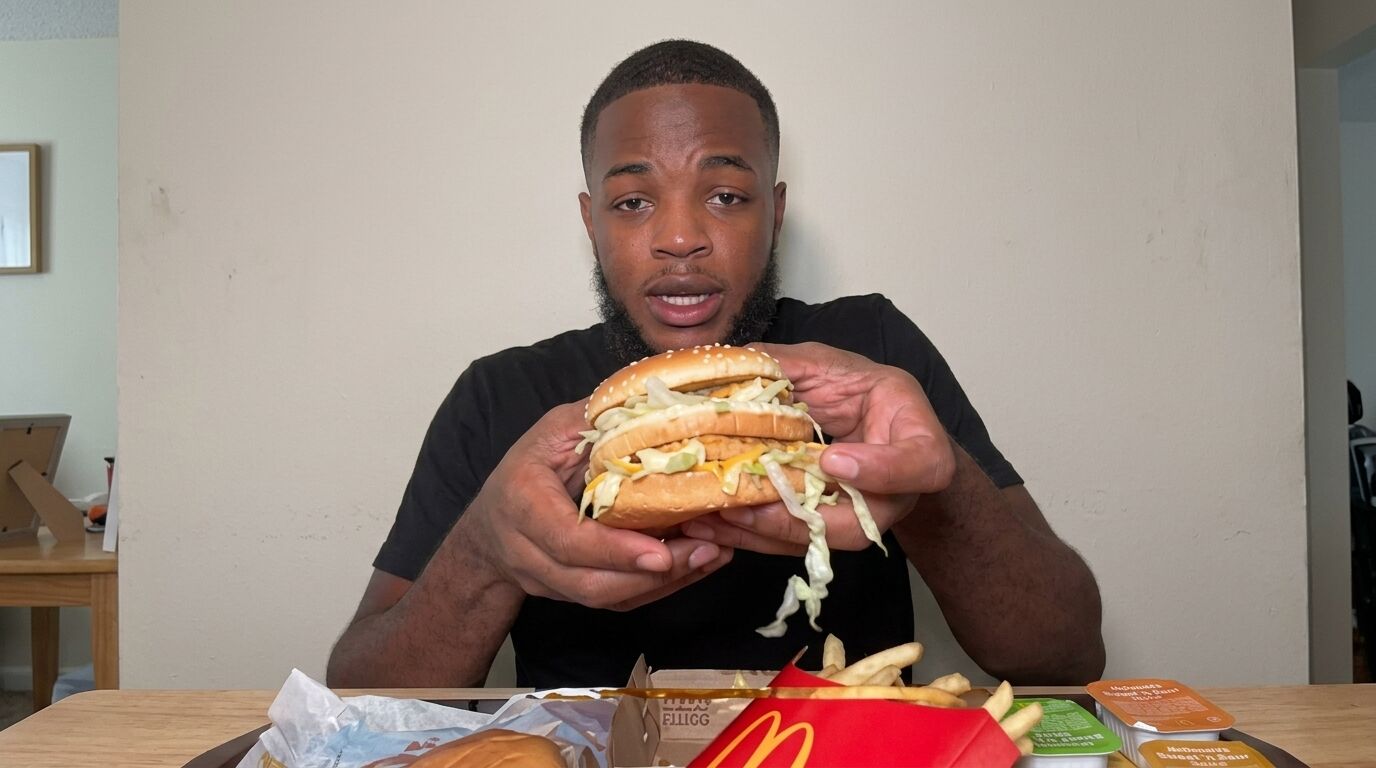 Pria memegang burger Big Mac McDonald's dengan kentang goreng dan saus di atas meja di depannya