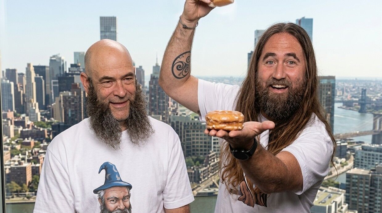 Dua pria berjanggut tersenyum, salah satunya memegang donat berlapis kaca, dengan latar belakang cakrawala kota dan sungai.
