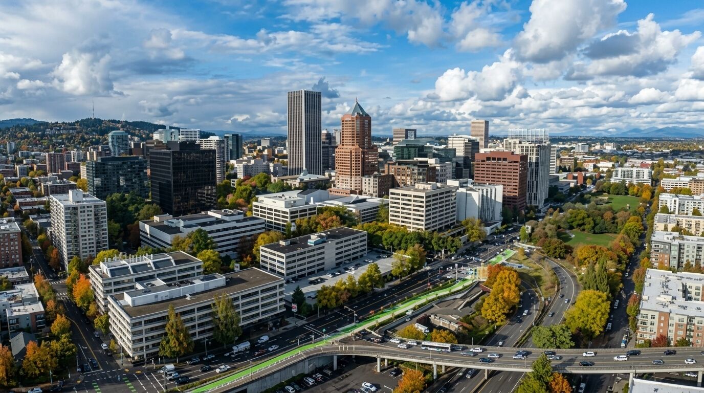 Pusat kota Portland, cakrawala Oregon dengan pepohonan musim gugur dan lalu lintas di jalan raya di bawah langit yang sebagian berawan.
