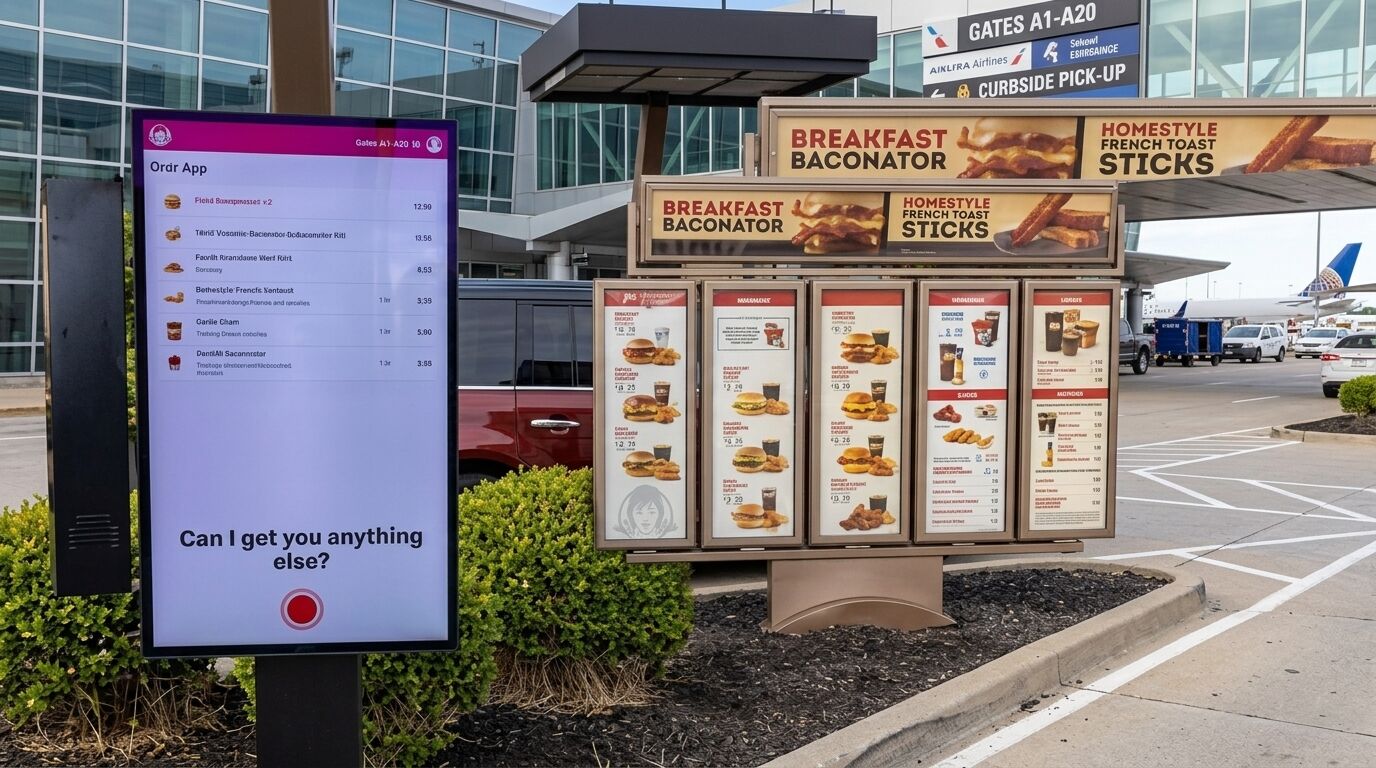 Papan menu drive-thru Wendy dan layar pemesanan digital di area penjemputan di tepi jalan bandara.