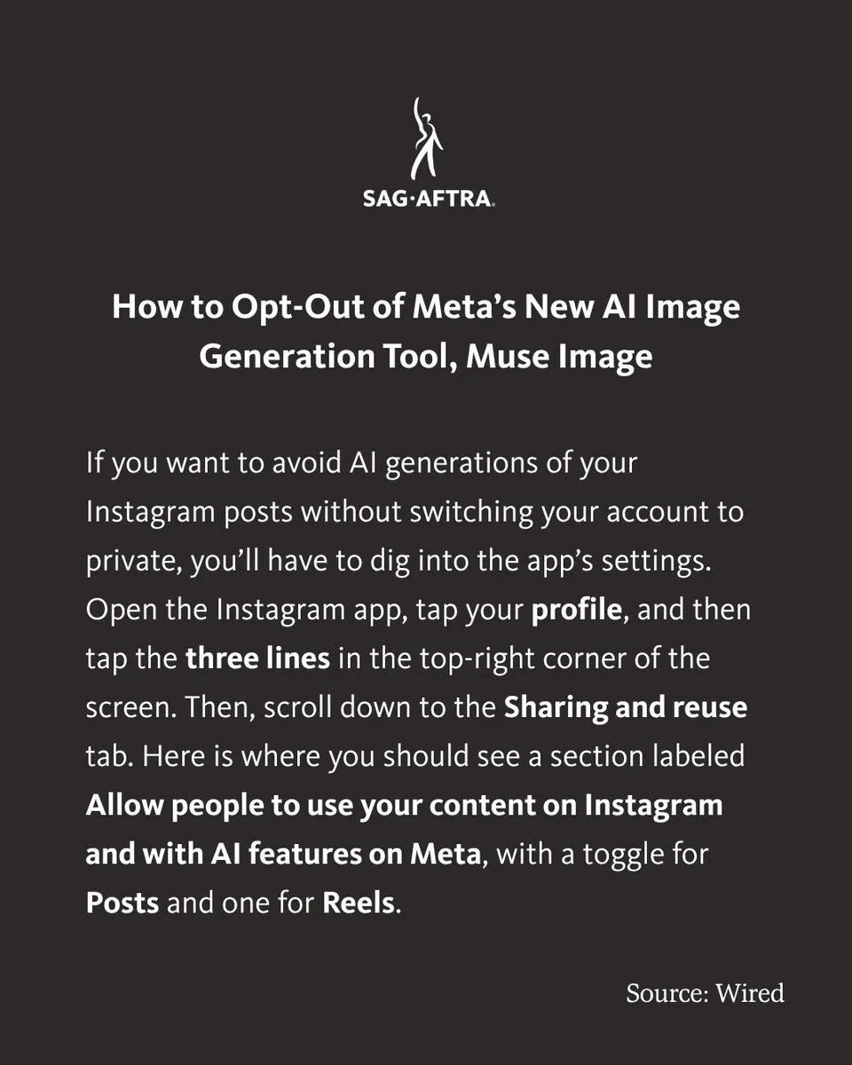 Panduan SAG-AFTRA tentang memilih keluar dari alat pembuat gambar AI Meta, Muse Image untuk postingan dan reel Instagram.