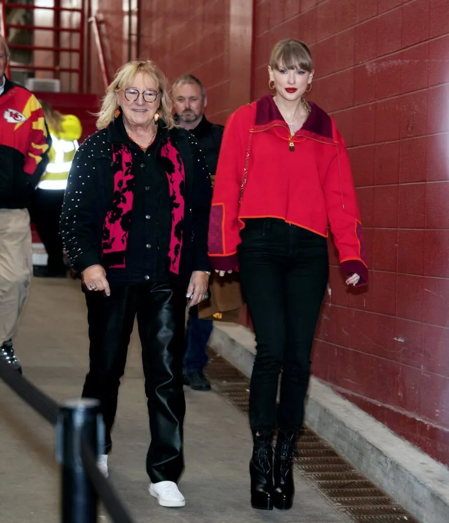 Taylor Swift arrives with Donna Kelce to watch the Kansas City Chiefs play the Las Vegas Raiders at Arrowhead Stadium in Kansas City, Missouri on Friday, November 29, 2024.