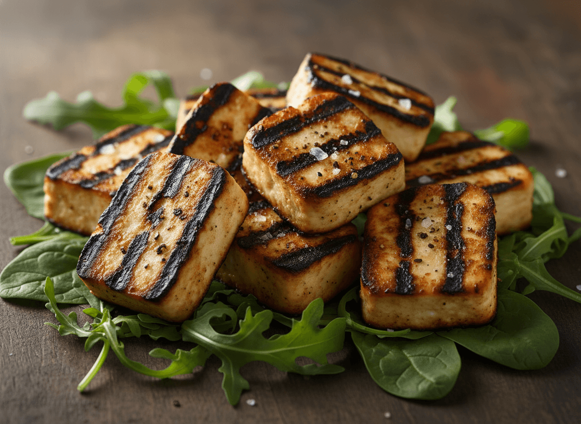 Tahu kubus panggang yang dibumbui dengan garam dan merica di atas bayam segar dan daun arugula.