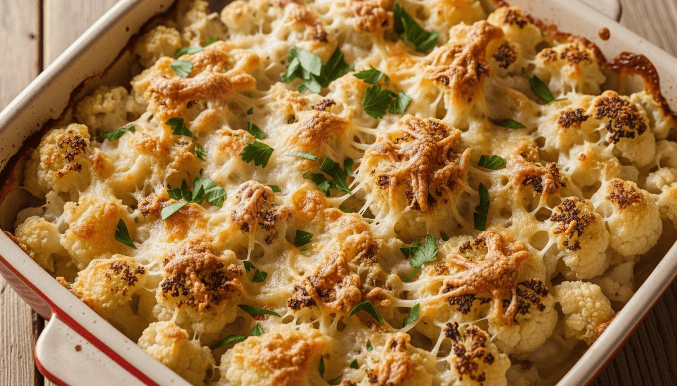 Gratin kembang kol panggang dengan keju emas meleleh dan peterseli dalam loyang keramik