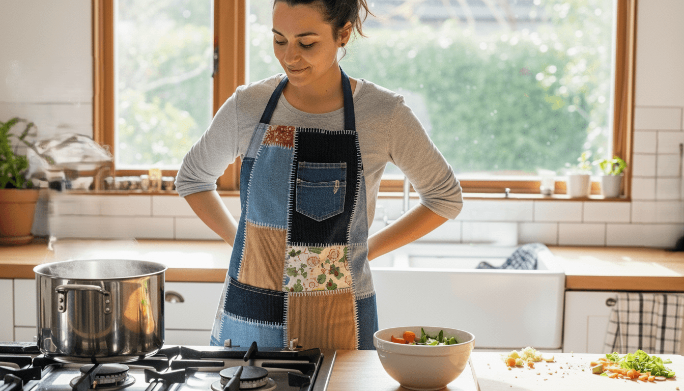 Wanita dengan celemek tambal sulam memasak dengan panci kukus dan mangkuk salad di dapur cerah