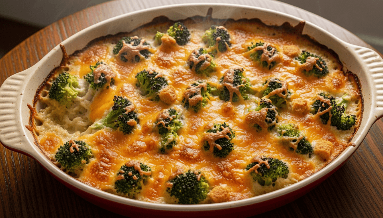 Brokoli dan keju casserole dalam loyang keramik di atas meja kayu