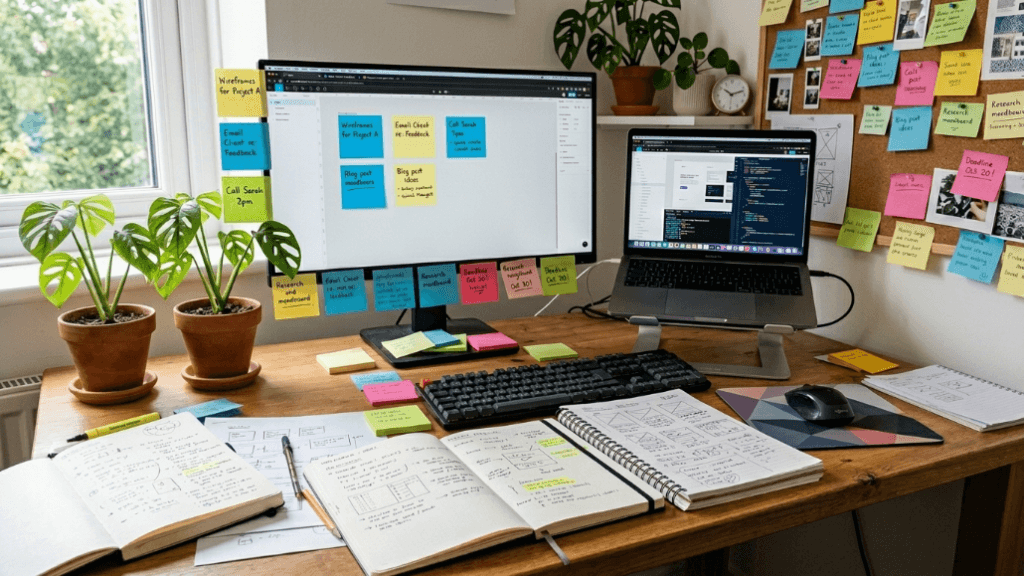 Meja kantor rumah dengan monitor ganda, buku catatan, catatan tempel, keyboard, mouse, dan tanaman pot di dekat jendela.