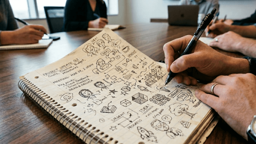 Orang yang membuat sketsa catatan dan diagram pembaruan proyek di buku catatan selama pertemuan di meja kayu