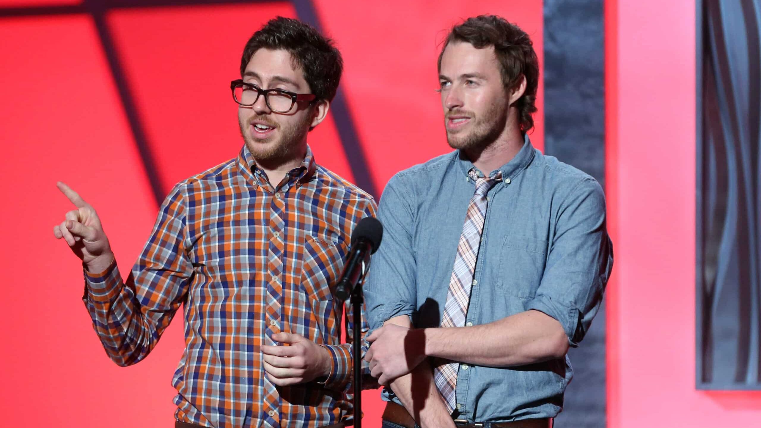 Presenters Amir Blumenfeld (L) and Jake Hurwitz speak onstage at the 3rd Annual Streamy Awards at Hollywood Palladium on February 17, 2013 in Hollywood, California.