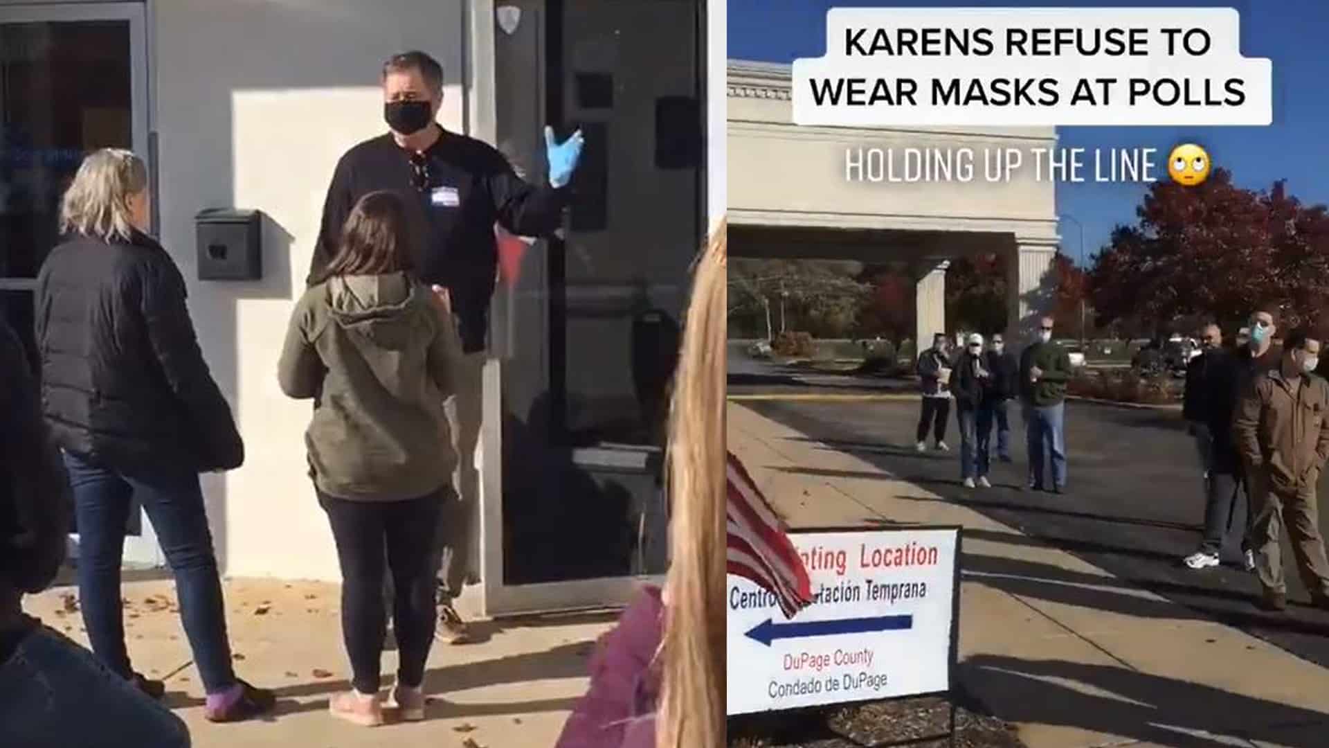 Two women refuse to wear a mask and hold up a voting line
