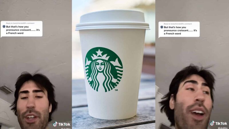 Starbucks coffee cup on a wooden table between two TikTok video frames of a man discussing croissant pronunciation