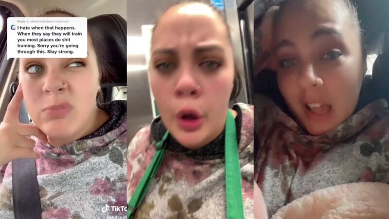 Woman in floral hoodie and green apron expressing frustration and talking in a TikTok video collage with a supportive comment overlay.