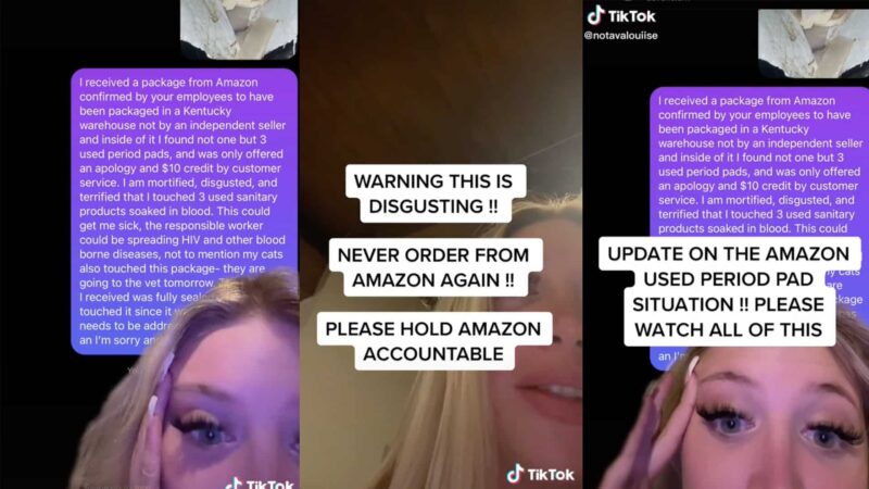 TikTok user @notavalouiise warns about receiving a package from Amazon containing used period pads soaked in blood.