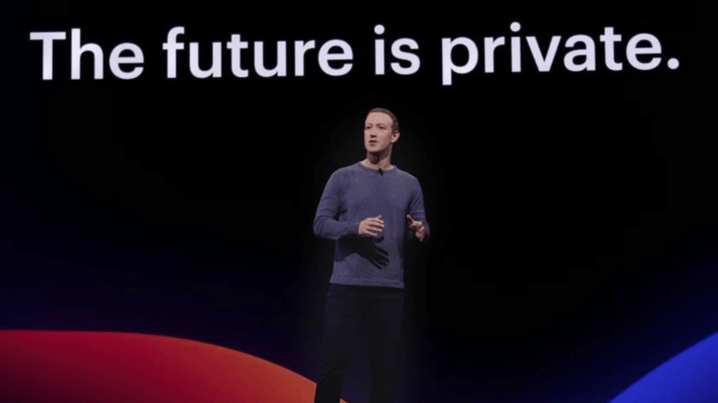 Mark Zuckerberg speaking on stage with the text "The future is private" displayed behind him