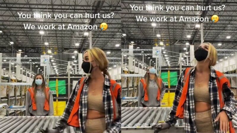 Two masked Amazon warehouse workers wearing orange safety vests with text "You think you can hurt us? We work at Amazon"