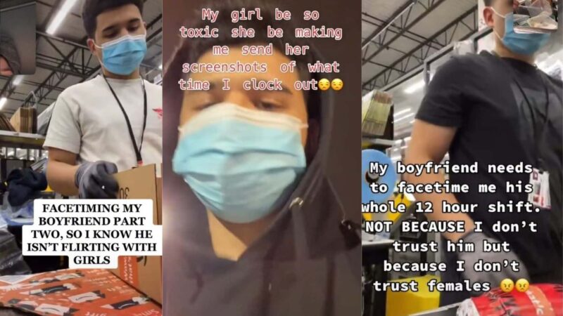 Man wearing a mask and gloves packing boxes in a warehouse with text about facetime and relationship trust issues