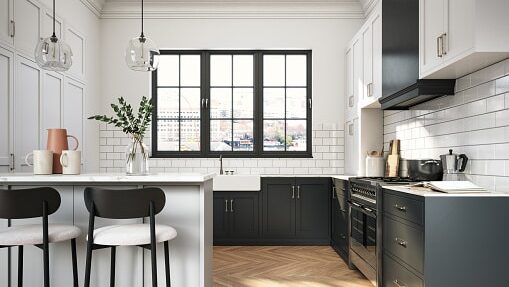 Interior design of elegant kitchen with black and white elements- 3d render