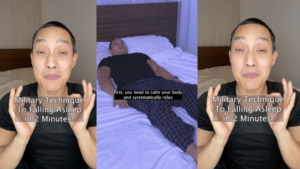 Man demonstrating the military technique to fall asleep in 2 minutes, lying on a bed and explaining steps.