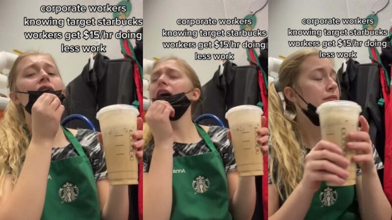 Starbucks worker in green apron holding a drink and reacting dramatically with text about Target workers earning $15/hr doing less work.